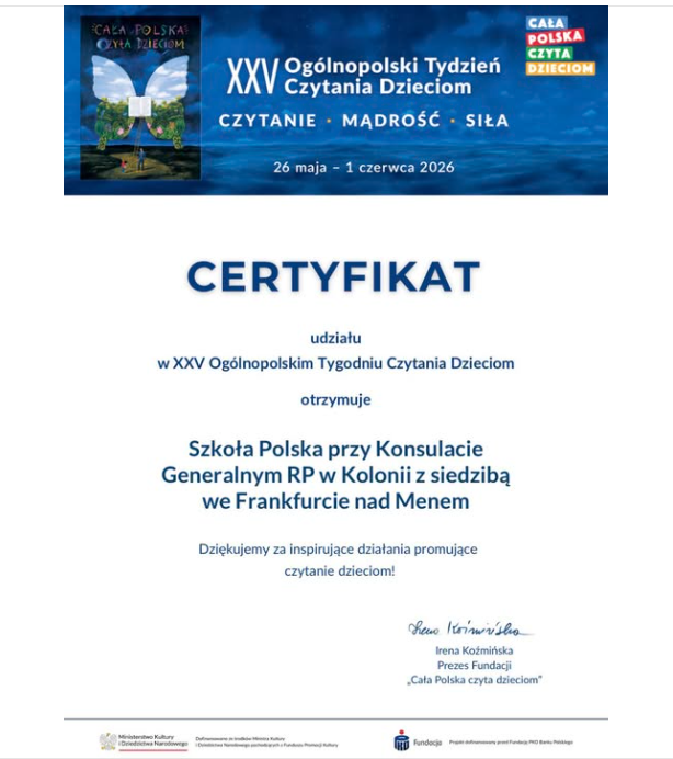 Posiadamy certyfikat „Cała Polska czyta dzieciom”